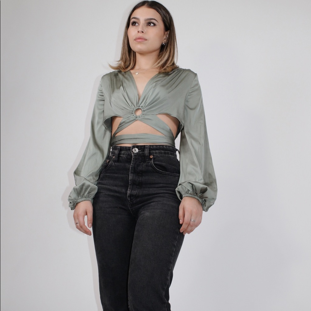 Green satin crop top